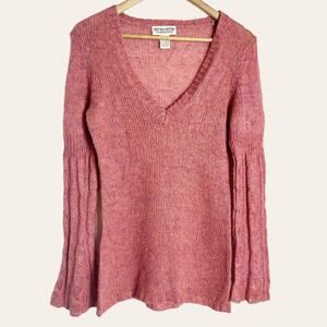 Next Era Couture Y2K Pink Mohair Cable Knit Long Sleeve V-Neck Sweater Size L